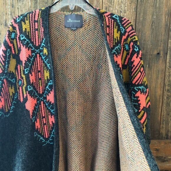 Paper Crane M Gray Orange Aztec Chunky Oversized Poncho Western Fringe Cardigan - Picture 9 of 10